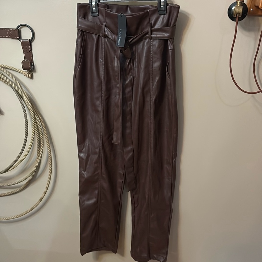Faux Leather Brown Paper Bag Waist Pants With Tie Sash Belt- New! Size S